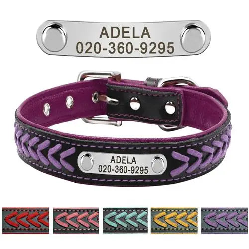Collier en cuir noir et violet pour chien avec motif tressé et plaque argentée gravée.