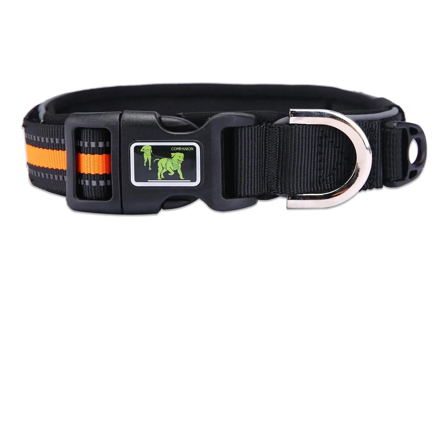 Collier pour chien noir avec bande orange et tableau des tailles de S à XL indiquant tour de cou et poids. sur fond blanc.