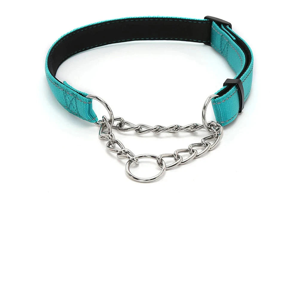 Collier martingale turquoise pour chien avec tableau des tailles S à XL dessous.