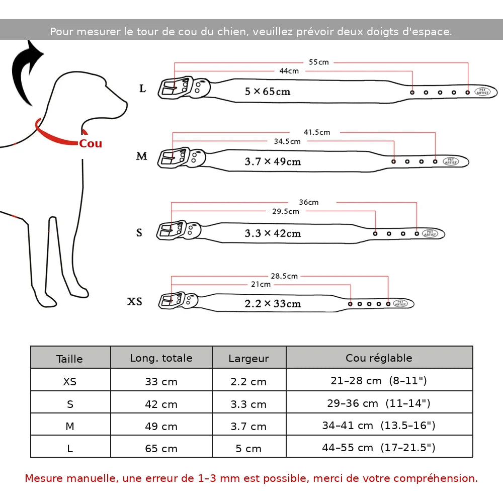 informations importantes sur les tailles pour le collier clouté pour chien classique