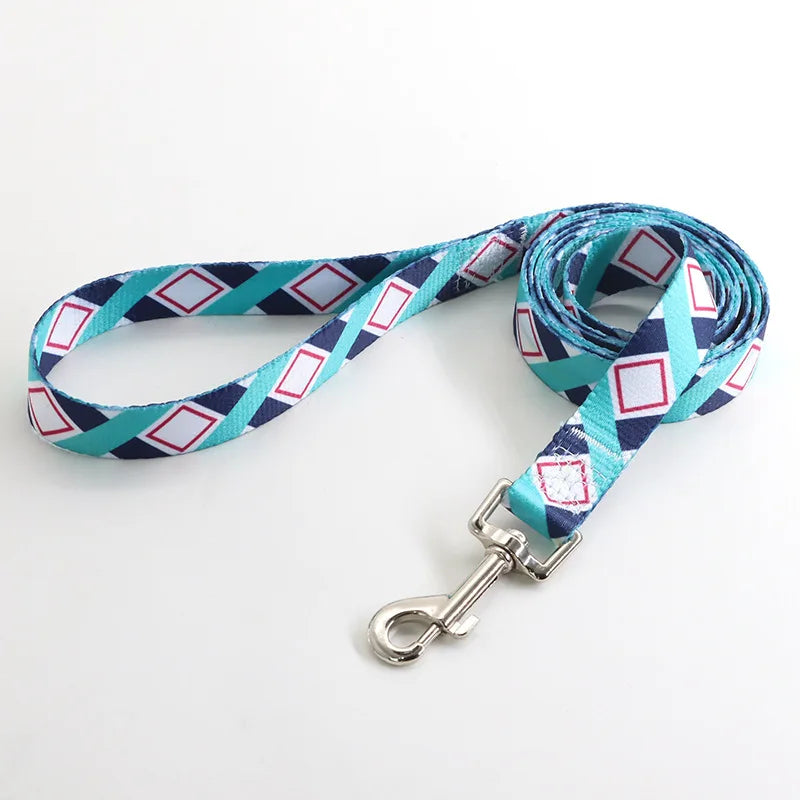 Laisse pour chien en nylon turquoise avec motifs losanges blancs et roses et mousqueton métal argenté sur fond clair.