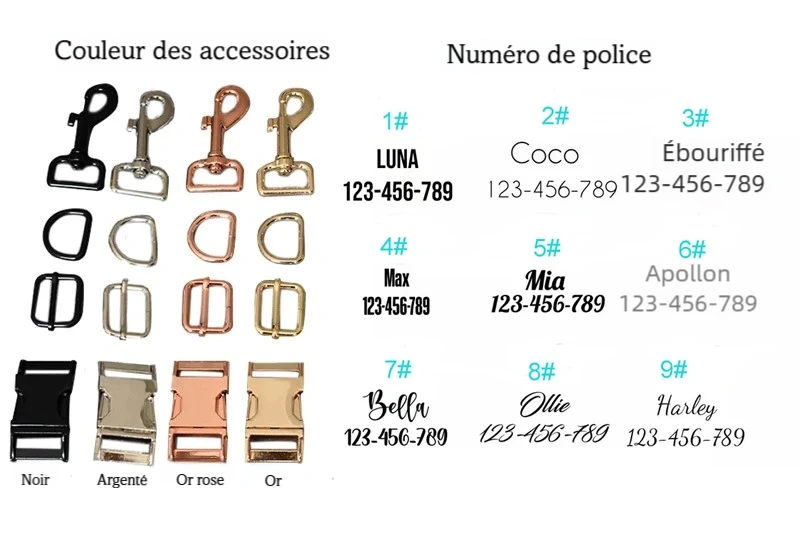 Guide de personnalisation avec choix des accessoires métal et polices de gravure présenté sur fond blanc.