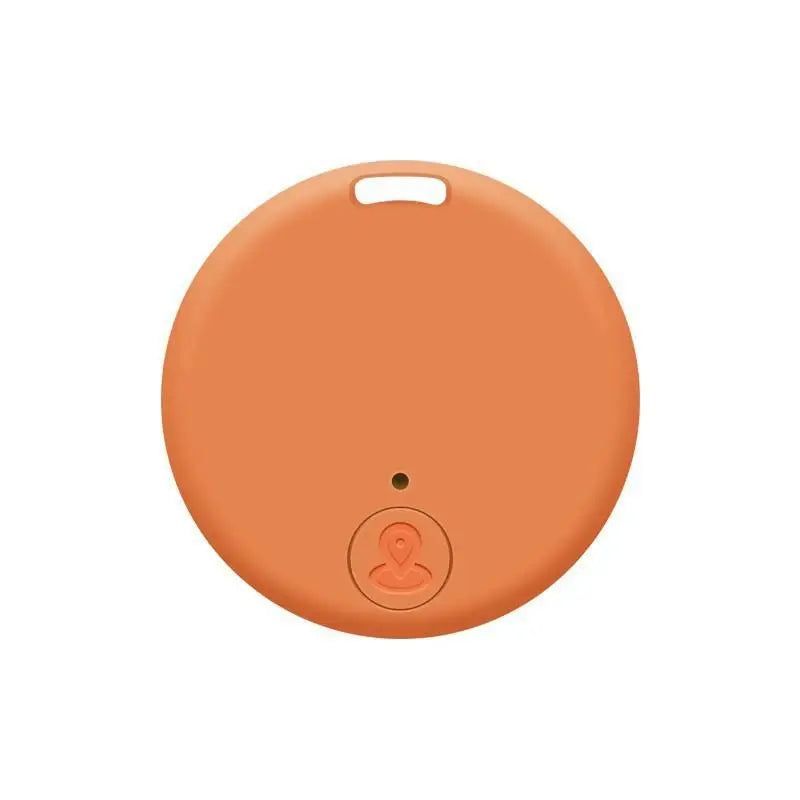 Traceur Bluetooth anti-perte rond en coloris orange, avec œillet de fixation en haut et bouton central arrondi avec icône de localisation sur fond blanc.