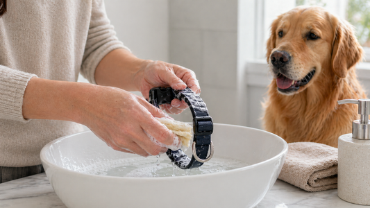 propriétaire lavant le collier de son chien qui le regarde faire
