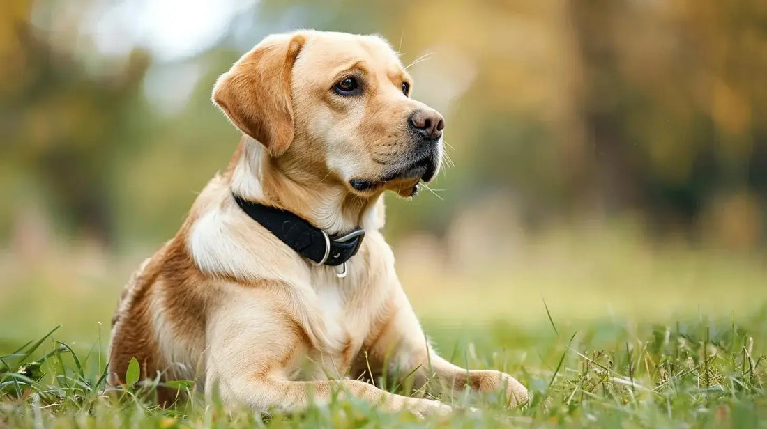 Un labrador beige allongé dans l'herbe portant un collier noir