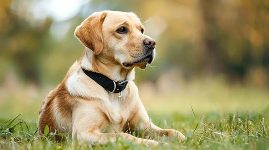 Un labrador beige allongé dans l'herbe portant un collier noir