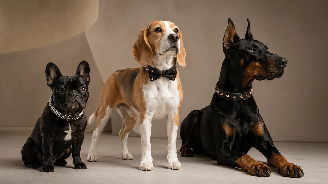 3 chiens de race différentes pose avec leur colliers originaux