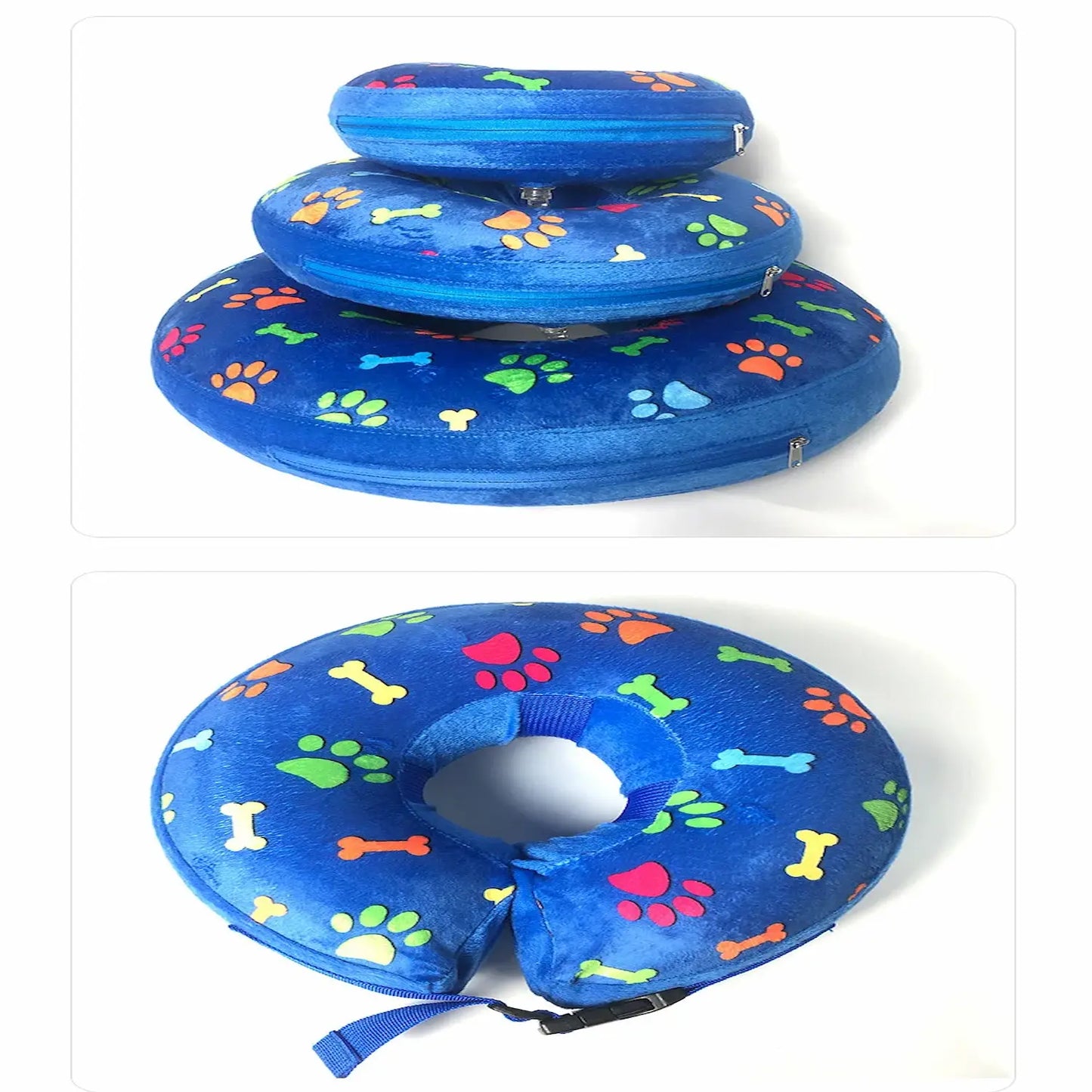 Collier lune gonflable bleu pour chien présenté seul avec vue de face et plusieurs tailles