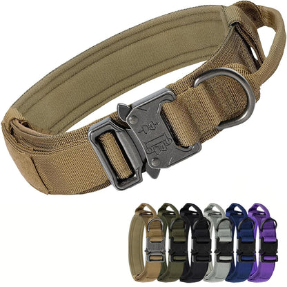 Vue en angle d’un collier tactique beige pour chien avec boucle métal et anneau en D.