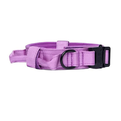 Vue latérale d’un collier tactique violet pour chien avec poignée, anneau en D et boucle rapide sur fond blanc.