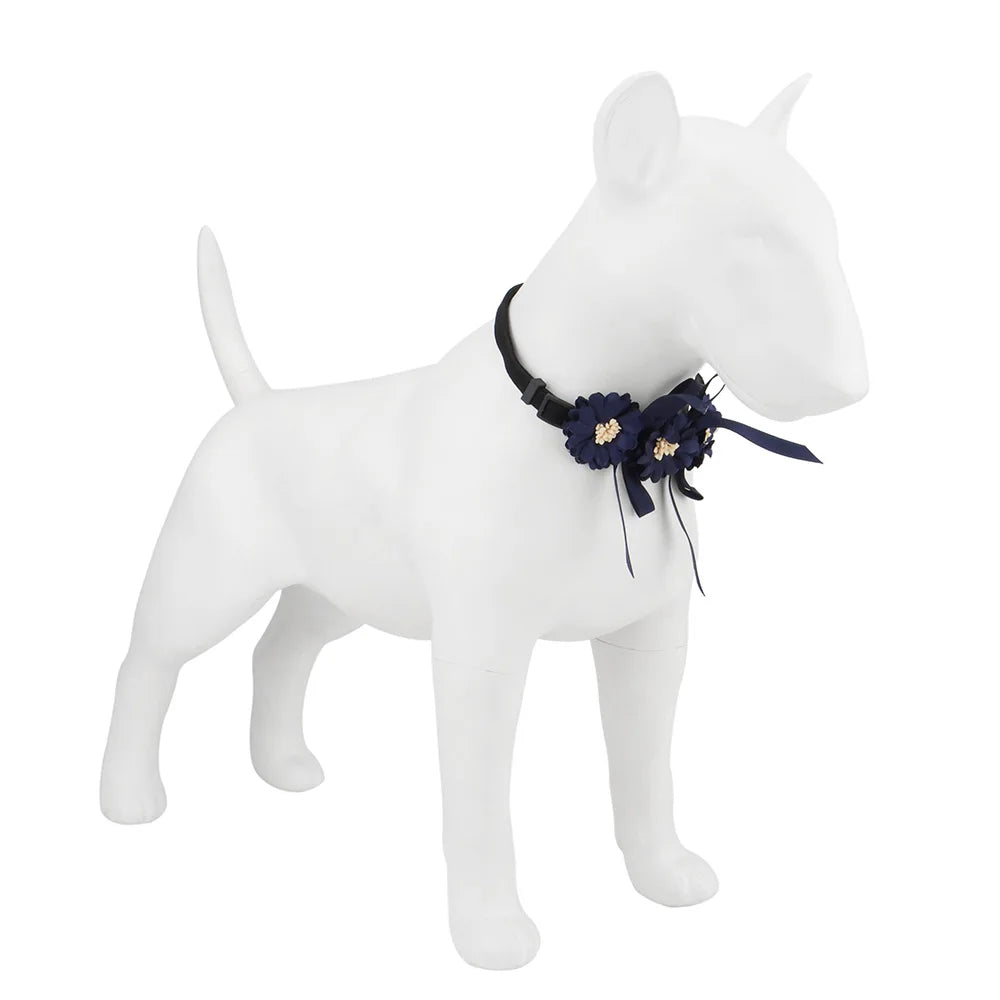 Collier de cérémonie bleu foncé sur un modèle  qui offre une idée visuelle du rendu sur votre chien