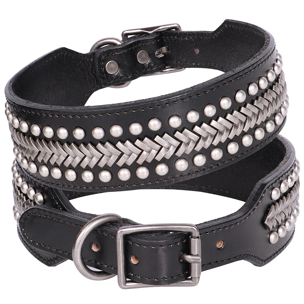 Collier clouté blanc large, solide et esthétique pour chien en cuir véritable avec plaques métalliques et rivets