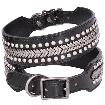 Collier clouté blanc large, solide et esthétique pour chien en cuir véritable avec plaques métalliques et rivets
