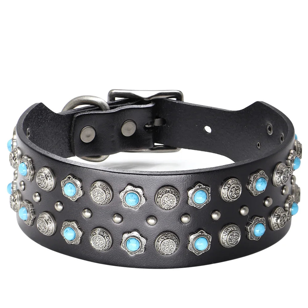 Collier clouté bleu large, solide et esthétique pour chien en cuir véritable avec plaques métalliques et rivets