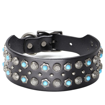 Collier clouté bleu large, solide et esthétique pour chien en cuir véritable avec plaques métalliques et rivets