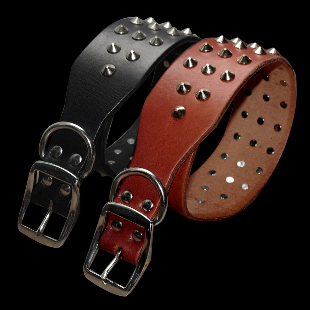 Collier cloute noir et marron classique pour chien en cuir avec rangees de pointes metalliques