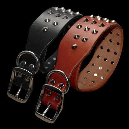 Collier cloute noir et marron classique pour chien en cuir avec rangees de pointes metalliques