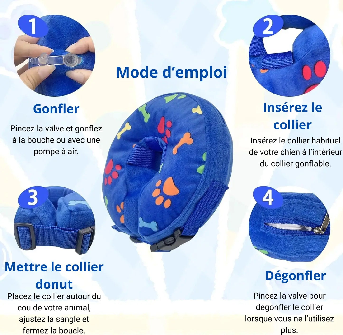 Mode d’emploi du collier lune gonflable pour chien avec étapes de gonflage, ajustement et dégonflage