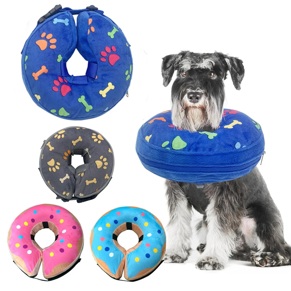 Collier lune gonflable pour chien présenté en plusieurs coloris, porté autour du cou