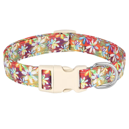 Le collier pour chien en nylon imprimé aux motifs colorés offre un style unique au chien , parfait pour les promenades dans des prés fleuris 