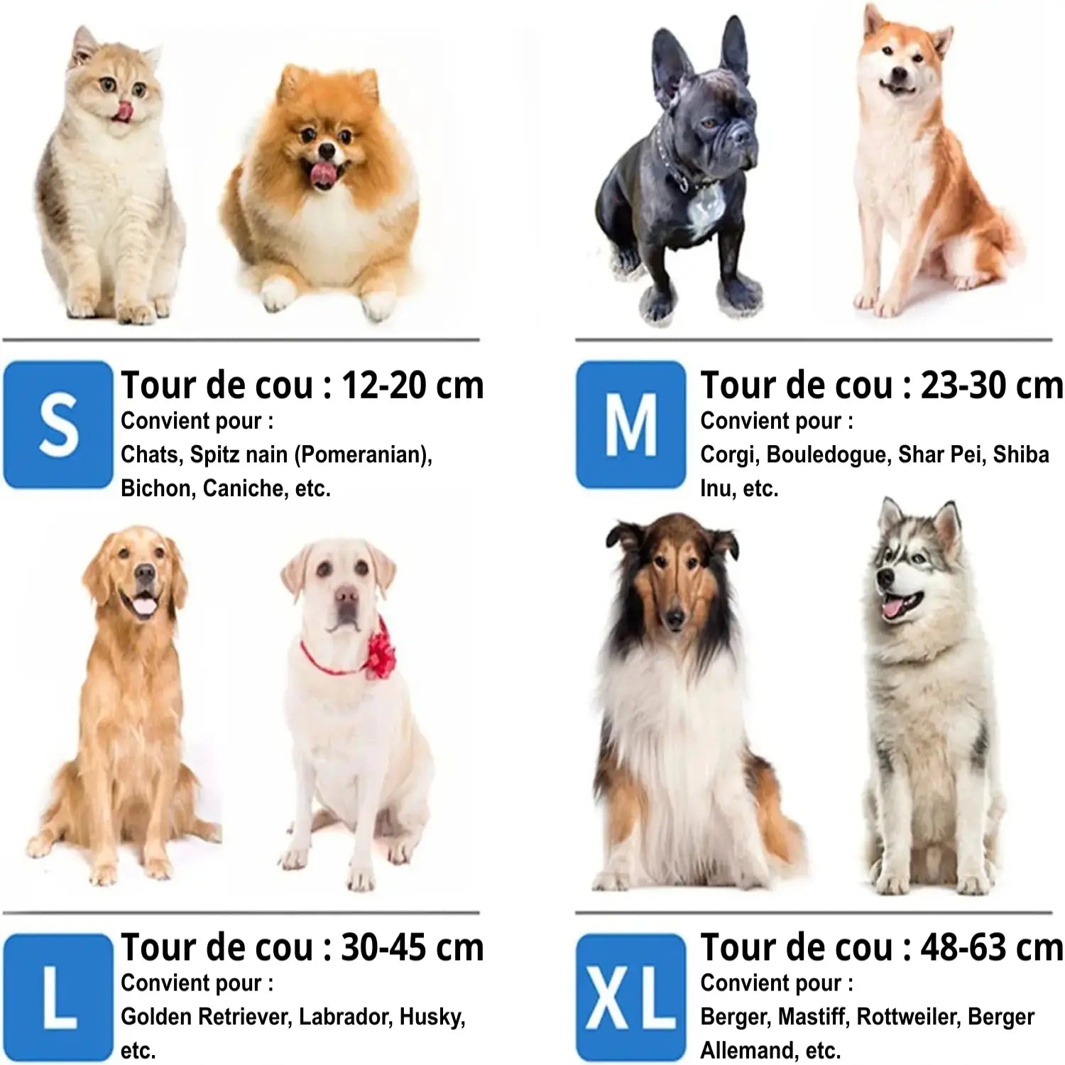 Infographie des tailles du collier de récupération gonflable pour chien avec correspondance par race