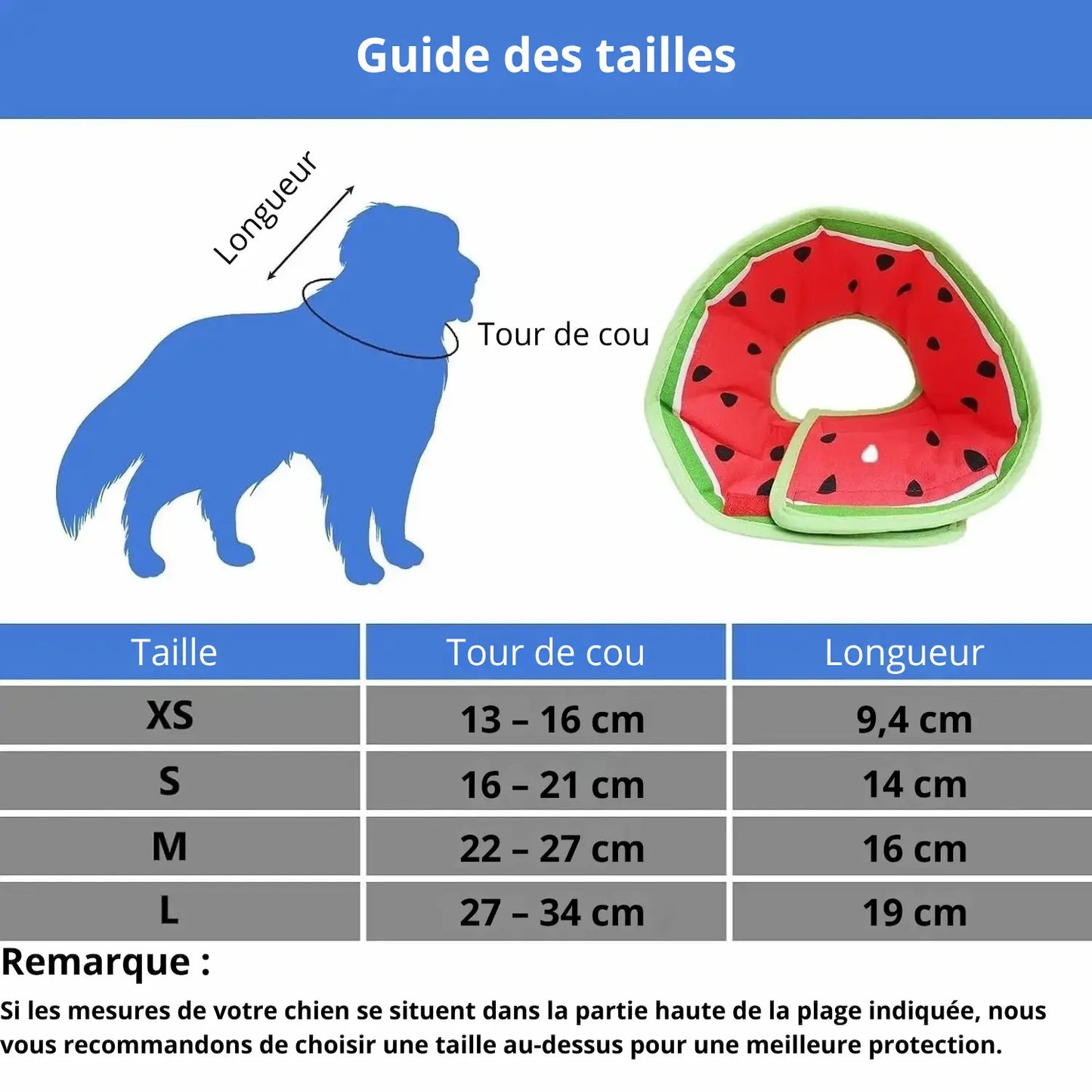 Guide des tailles du collier lune léger en tissu pour chien avec mesures du tour de cou et sa longueur