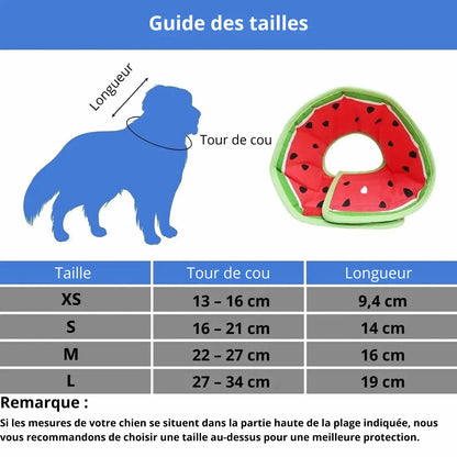 Guide des tailles du collier lune léger en tissu pour chien avec mesures du tour de cou et sa longueur