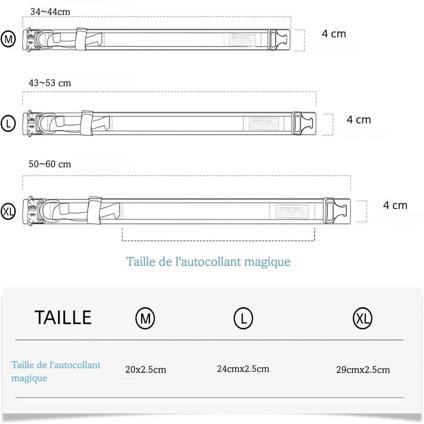 Guide des tailles du collier tactique pour chien avec dimensions M, L et XL.
