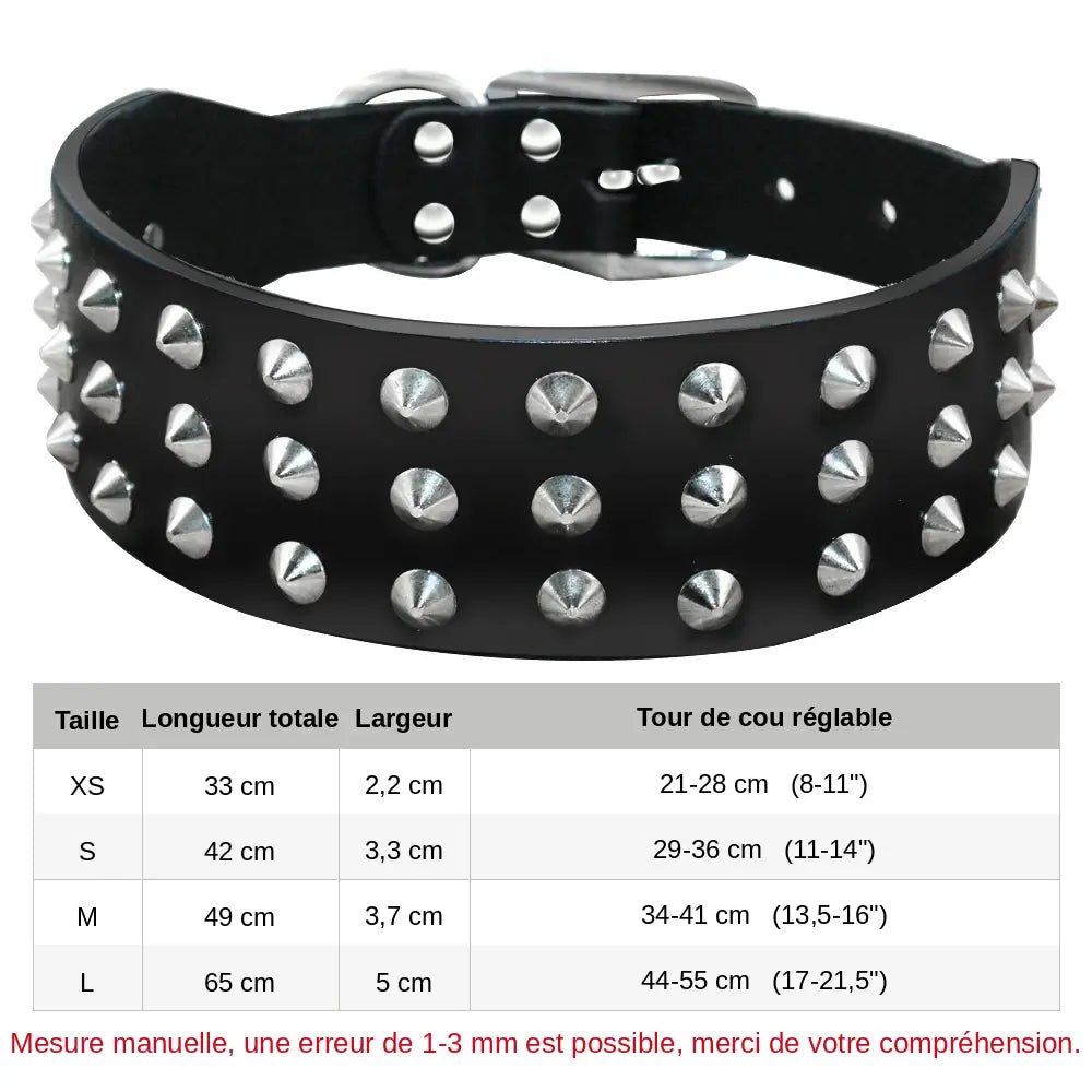 Guide des tailles du collier clouté pour chien en cuir avec multiples petits clous métalliques