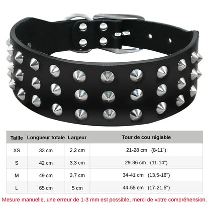 Guide des tailles du collier clouté pour chien en cuir avec multiples petits clous métalliques