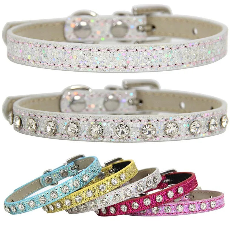 Collier cuir PU petit chien boucle strass