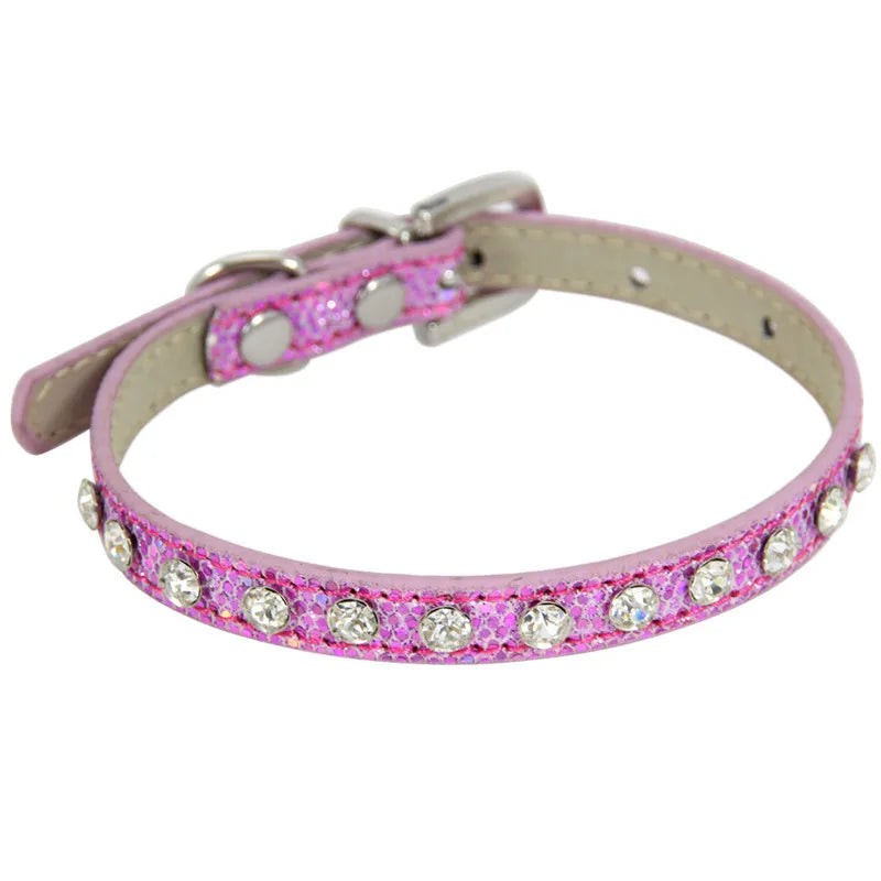 Collier cuir PU petit chien boucle strass