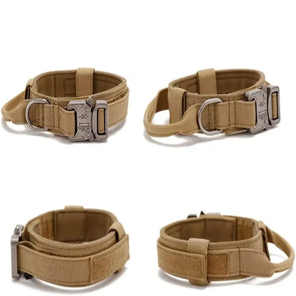 Présentation multi vues d’un collier tactique beige pour chien avec poignée et boucle métal.
