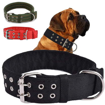 Collier tactique large noir présenté avec plusieurs variantes de couleurs pour grand chien.
