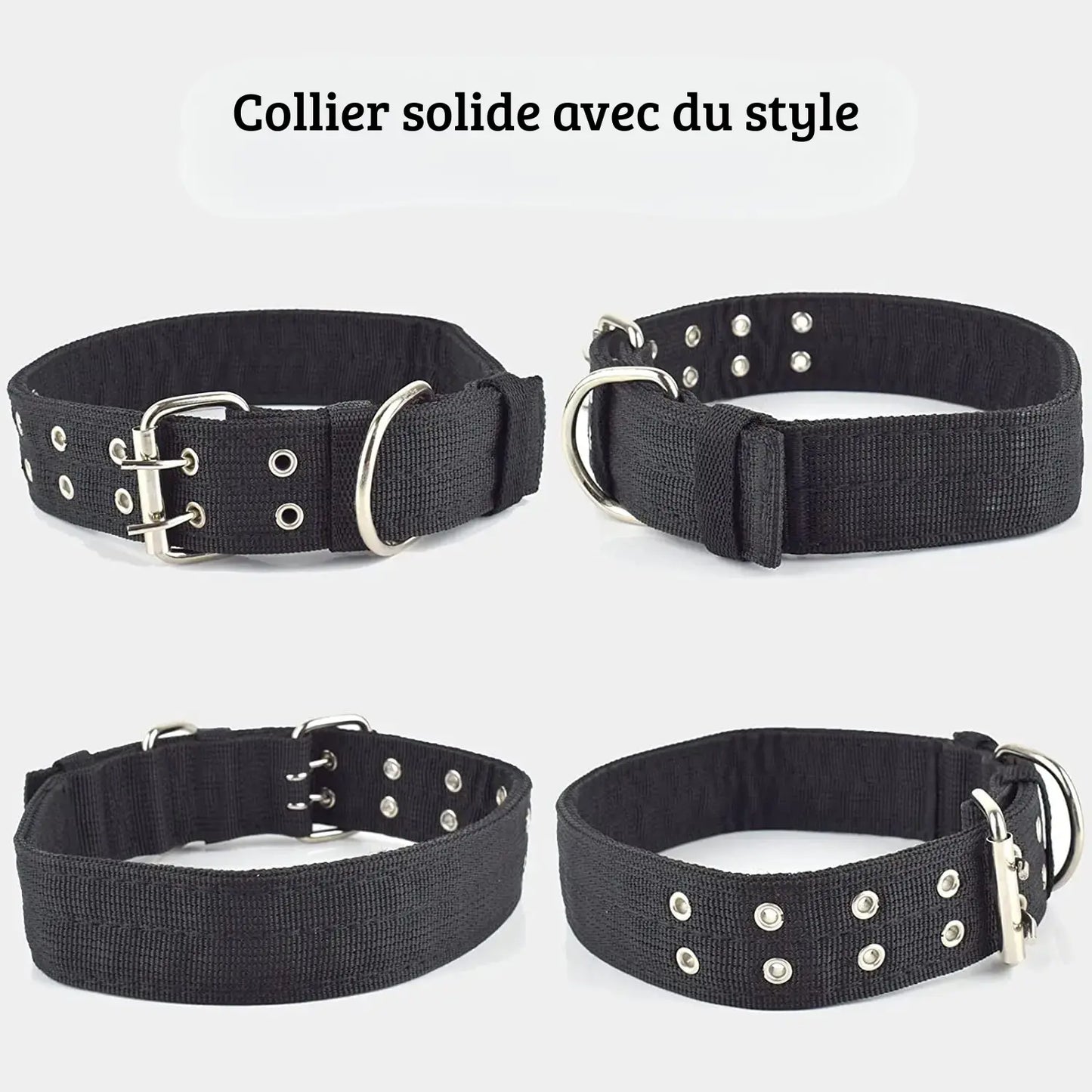 Montage produit avec différentes vues du collier tactique large noir.