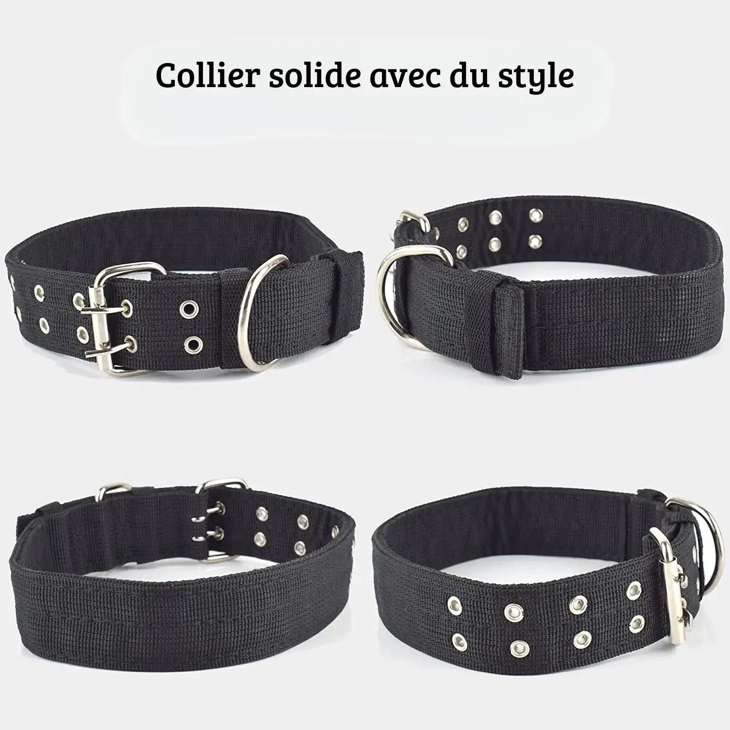 Montage produit avec différentes vues du collier tactique large noir.