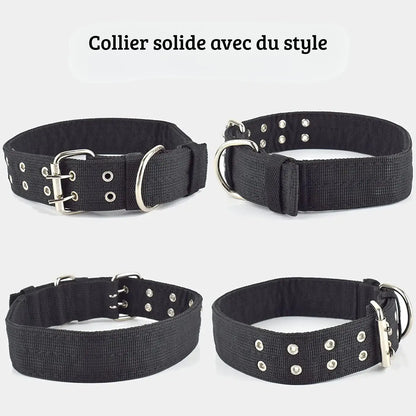 Montage produit avec différentes vues du collier tactique large noir.