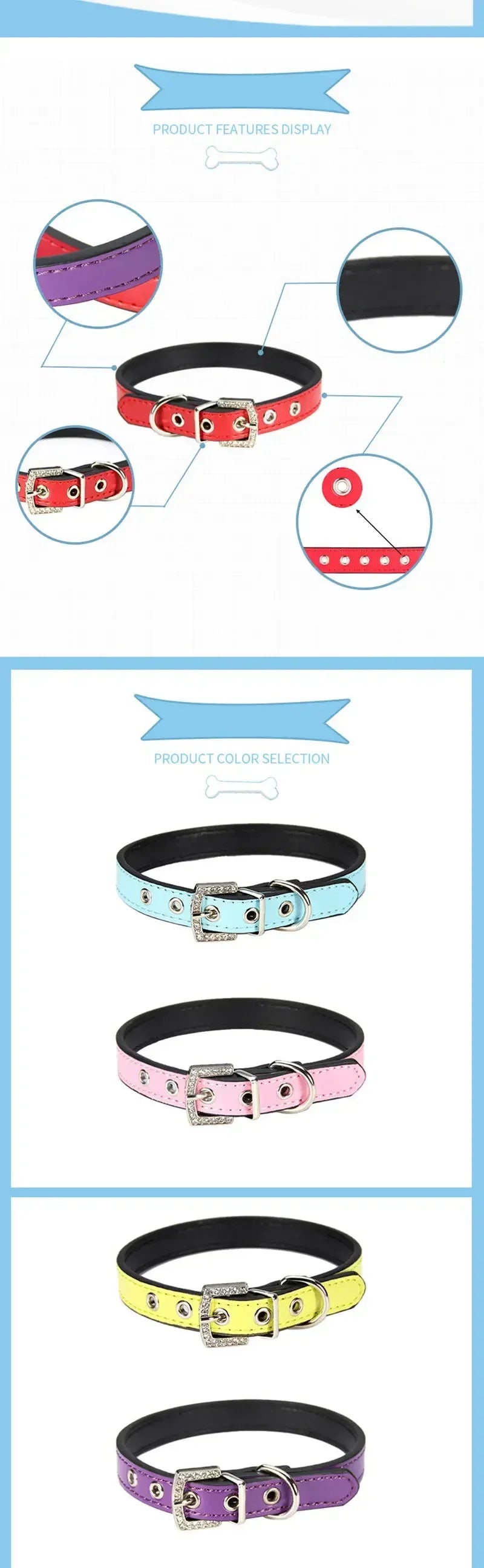 Collier cuir PU petit chien boucle strass vif