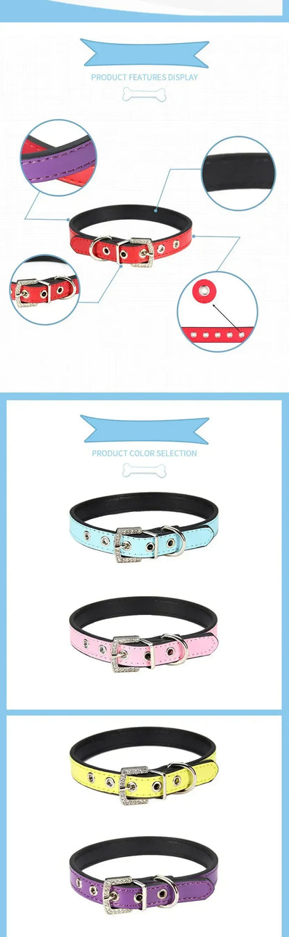 Collier cuir PU petit chien boucle strass vif