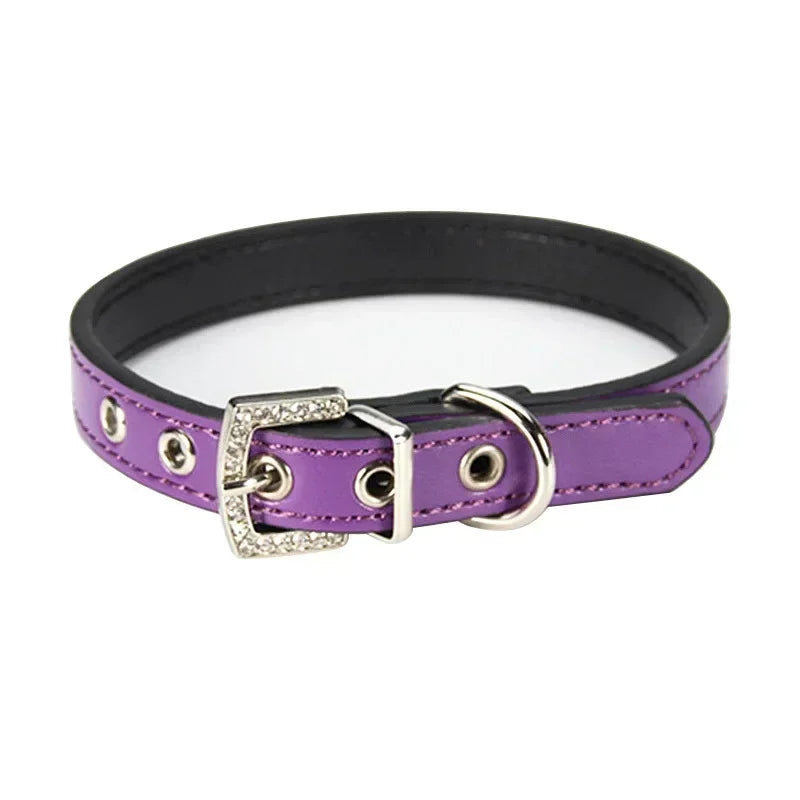 Collier cuir PU petit chien boucle strass vif