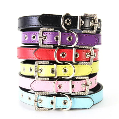 Collier cuir PU petit chien boucle strass vif
