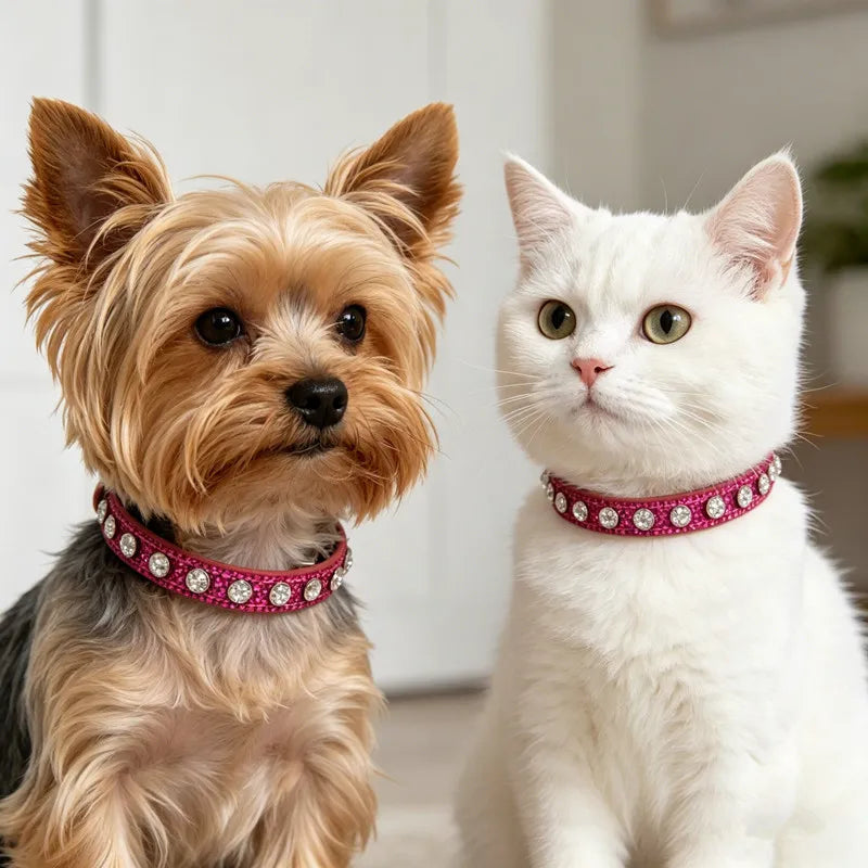 Collier cuir PU petit chien boucle strass
