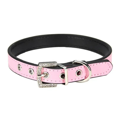 Collier cuir PU petit chien boucle strass vif