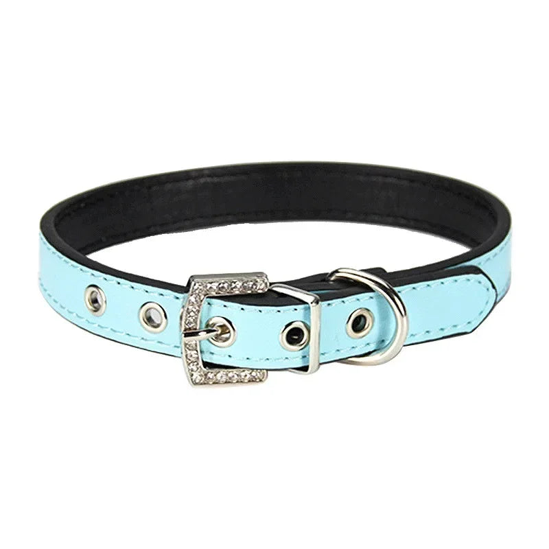 Collier cuir PU petit chien boucle strass vif