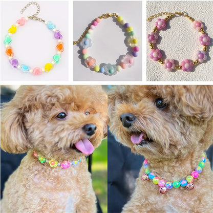 Collier pour petit chien à perles et fleurs pastel