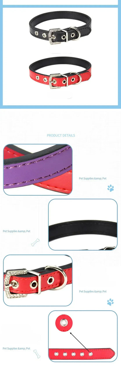 Collier cuir PU petit chien boucle strass vif