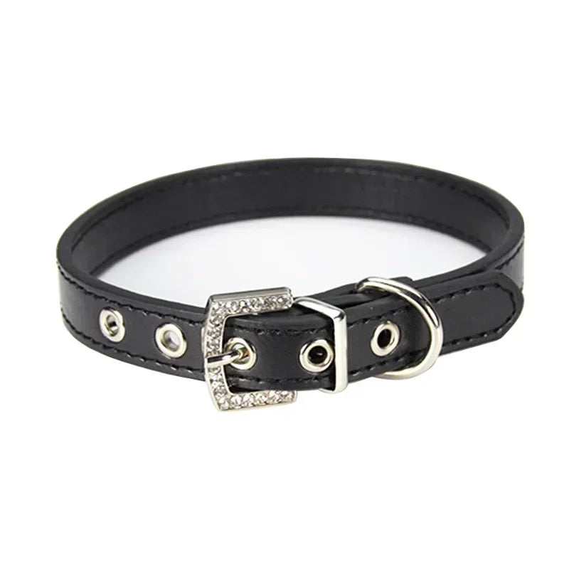 Collier cuir PU petit chien boucle strass vif