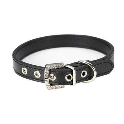 Collier cuir PU petit chien boucle strass vif