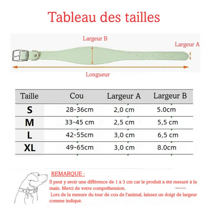 Guide des tailles complet S, M, L, XL du Collier large en cuir pour chien au design épuré