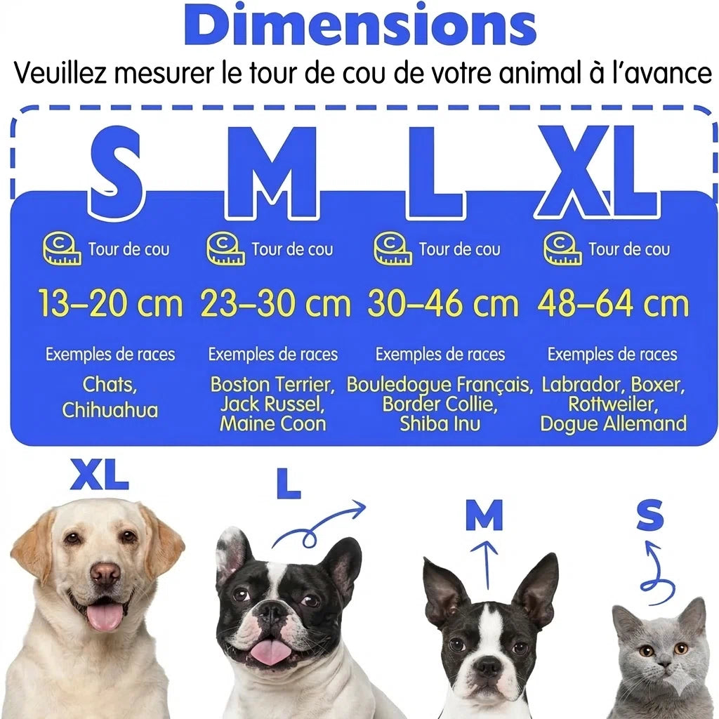 Tableau des tailles du collier lune gonflable pour chien avec mesures du tour de cou en centimètres